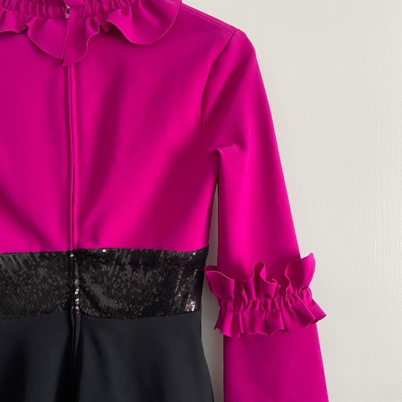 GRETA CONSTANTINE RARE APPLIQUE RUFFLE SEQUIN KNEE LENGTH V-NECK DRESS MARKLE - Picture 5 of 16